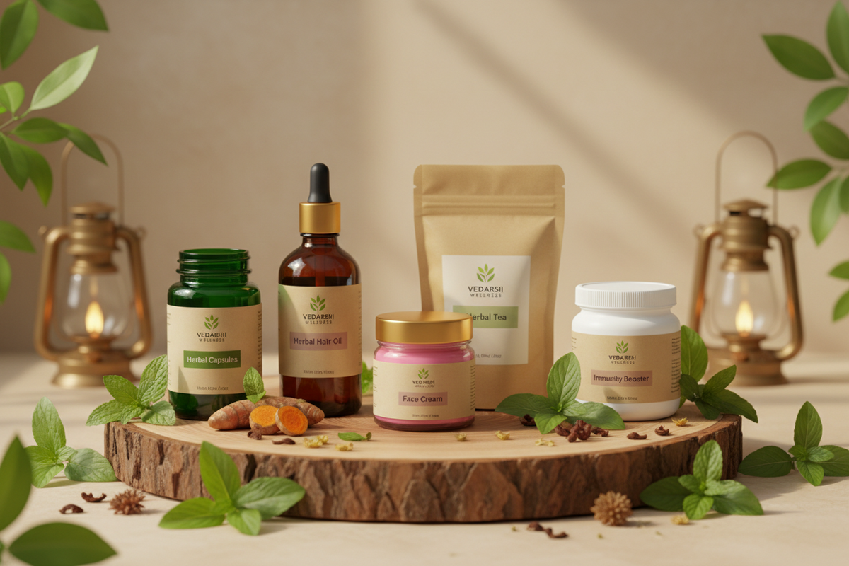A promotional collage for Vedarshi Wellness Best Seller Collection, featuring multiple packaged wellness products including Herbal Hair Oil, Herbal Tea, Face Cream, and Immunity Booster arranged on a styled set with herbs, leaves, and decorative props.