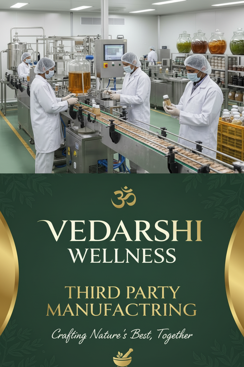 A promotional graphic for Vedarshi Wellness showing a blurred factory interior with workers in white lab coats on a conveyor belt, alongside a dark green panel with gold text reading 'VEDARSHI WELLNESS THIRD PARTY MANUFACTURING' and the tagline 'Crafting Nature's Best Together.'.